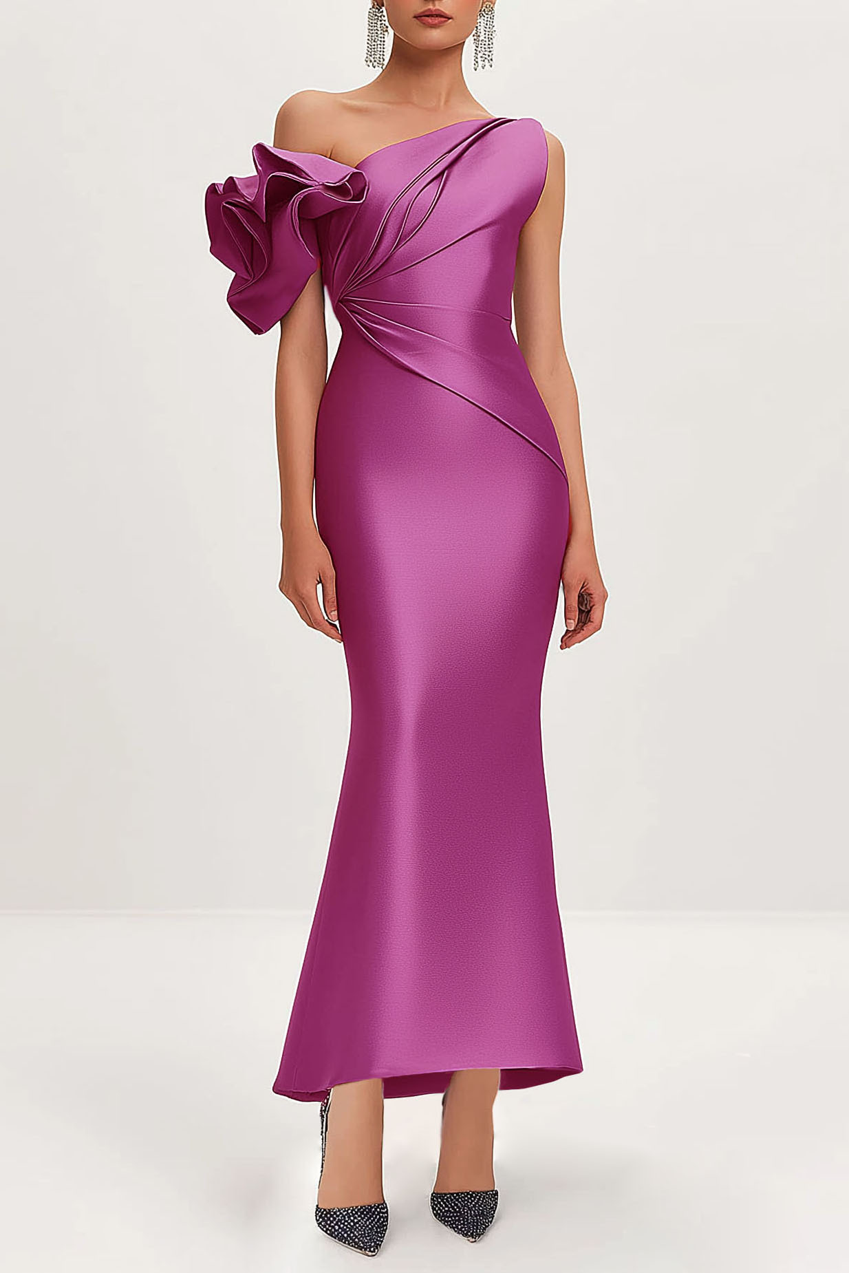 Semi-Formal Satin Dress Purple One-Shoulder Pleated Flower Sleeve Maxi