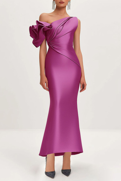 Semi-Formal Satin Dress Purple One-Shoulder Pleated Flower Sleeve Maxi Dress