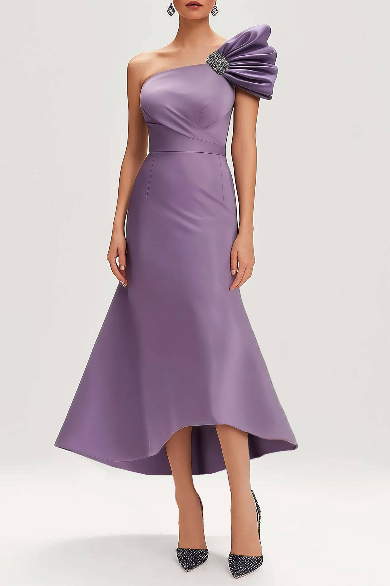 Semi-Formal Party Dress Purple One-Piece Pleated Rhinestone Midi Dress