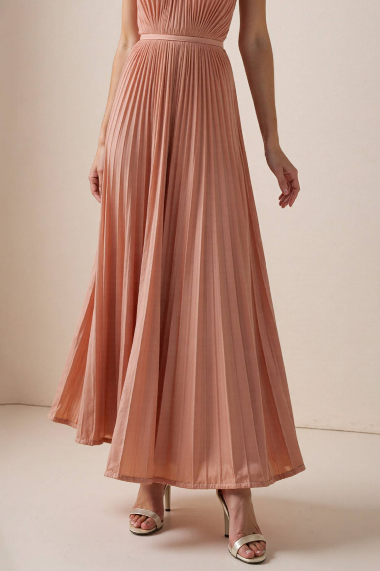 Wedding Guest Casual Dress Light Pink Halter Neck Pleated Maxi Dress