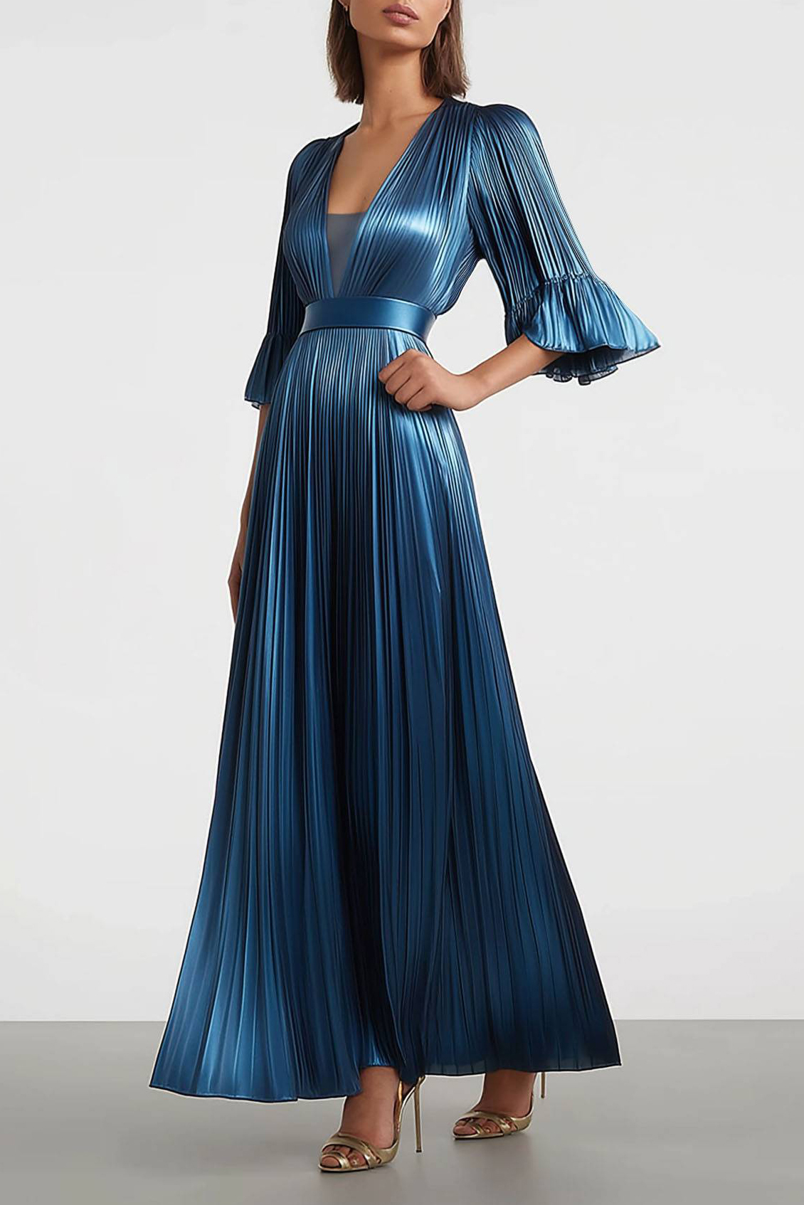 Formal Evening Pleated Dress Blue Metallic Fabric V-Neck Ruffled Maxi
