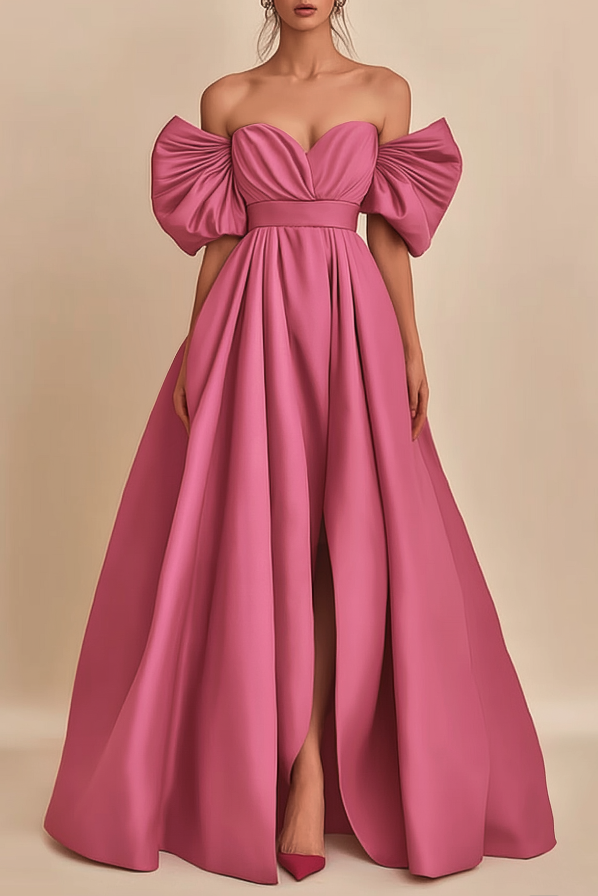 Formal Prom Dress Pink Off-Shoulder Side Slit Floor-Length Dress
