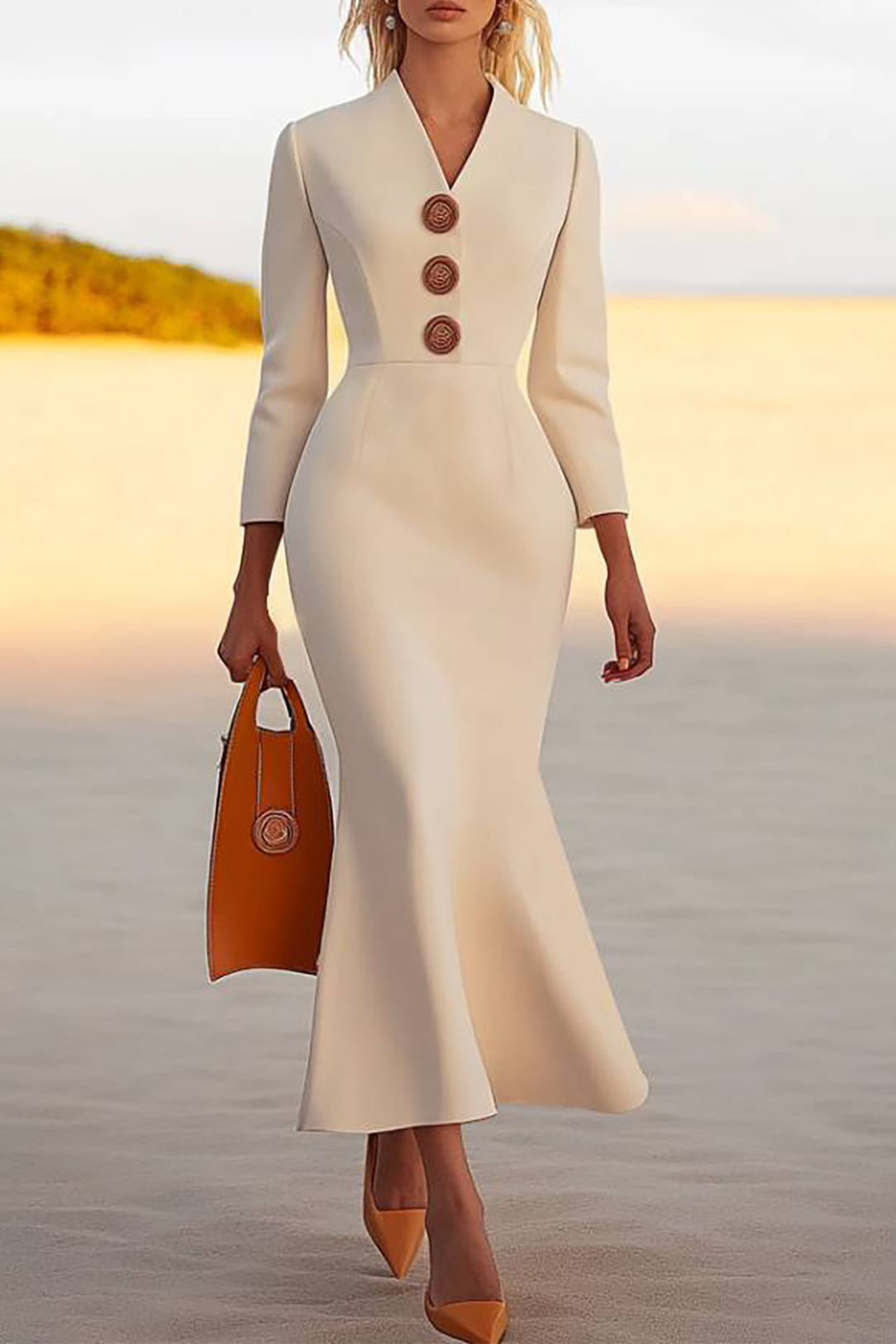 Work Semi-Formal Beige Dress V Neck Long Sleeves Midi Dress