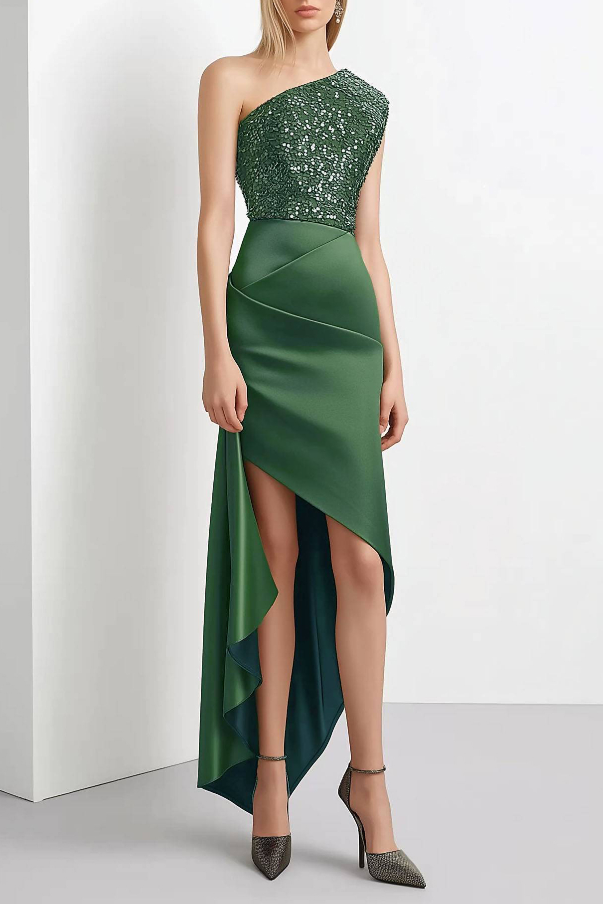 Cocktail Party Dress Green Sequin Satin Panel One-Shoulder Midi Dress