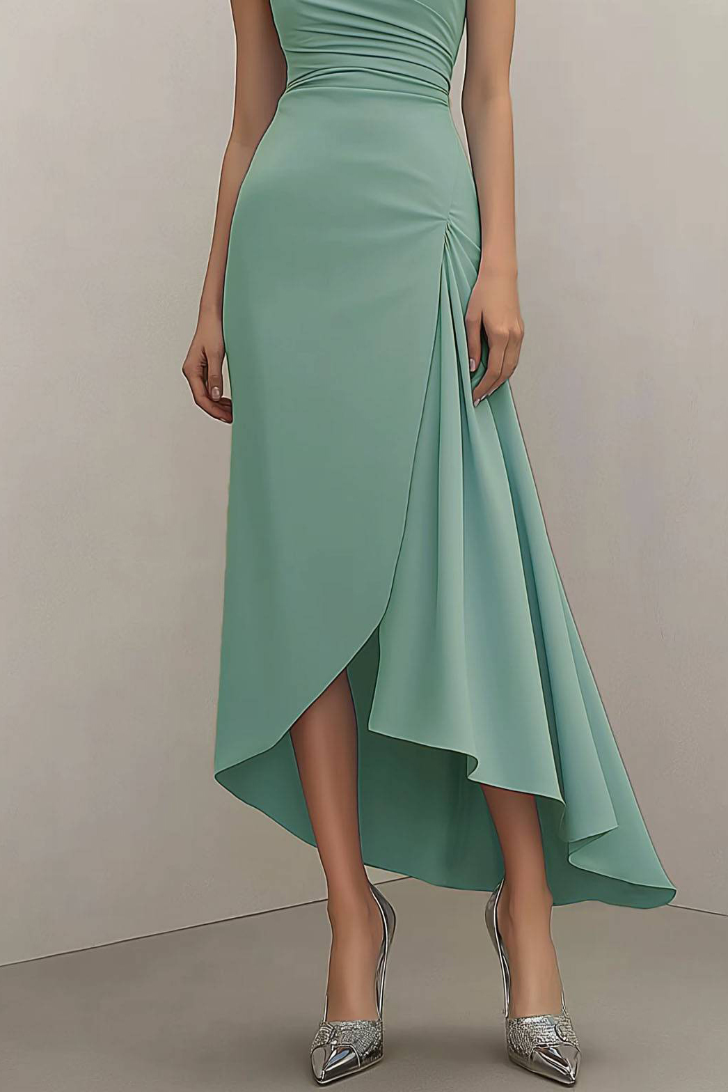 Wedding Guest Party Dress Sage Green One-Shoulder Ruffle Midi Dress