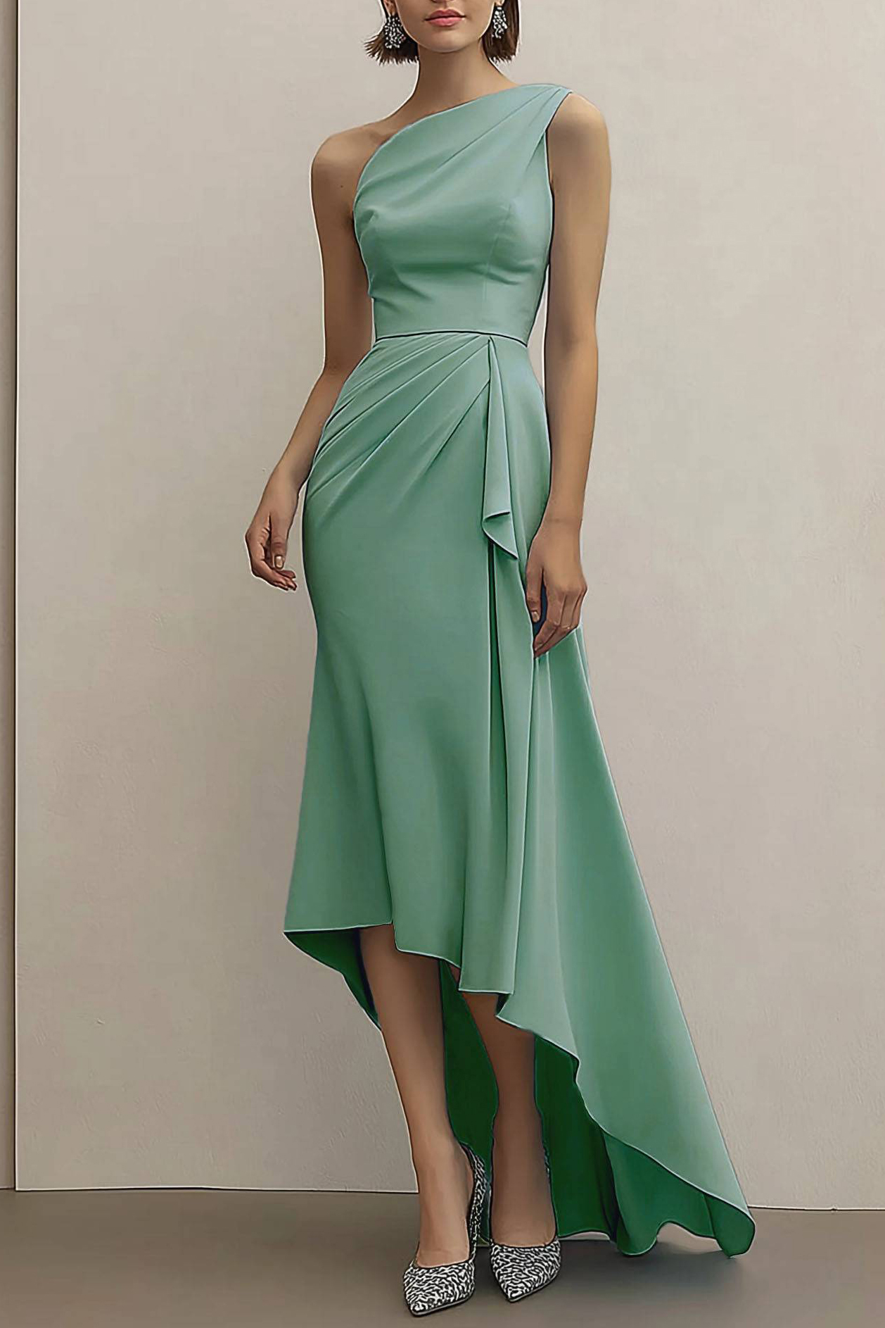 Wedding Guest Party Dress Sage Green Asymmetrical Floor-Length Dress