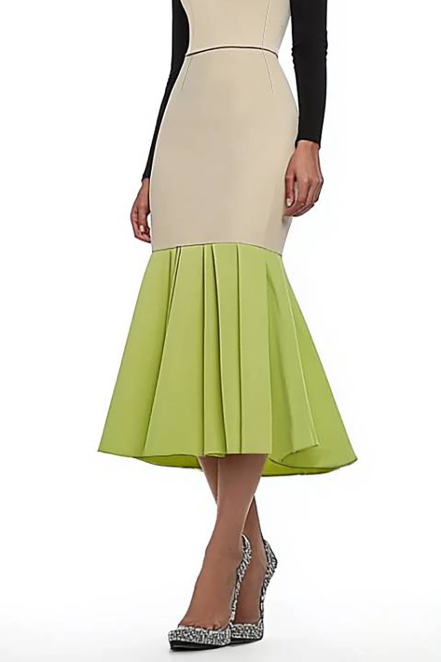Semi-Formal Dress Colorblock Stand Collar Fitted Mermaid Pleated Maxi Dress