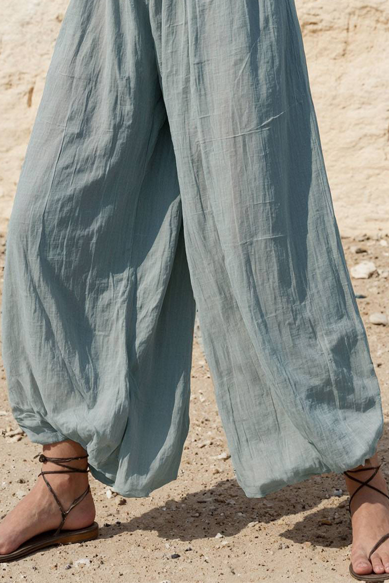 Vacation Casual Pants Blue Breathable Elastic Waist Loose Cuffed Pants