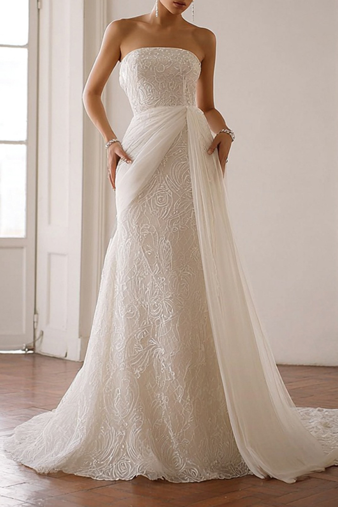 Formal ​Wedding Dress White Strapless Maxi Lace Dress