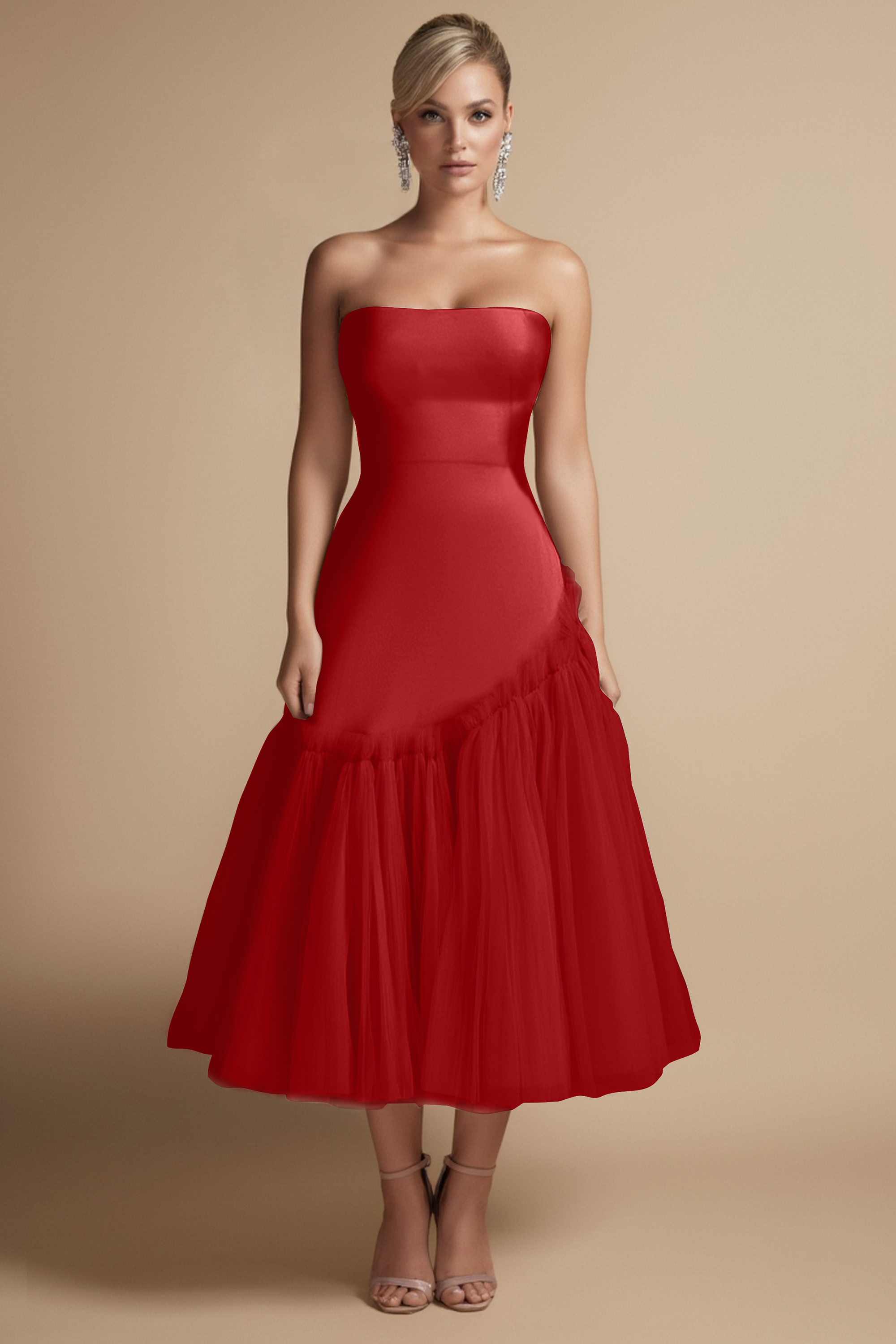 ​Cocktail Dress​ Pink Strapless Mesh Midi Dress