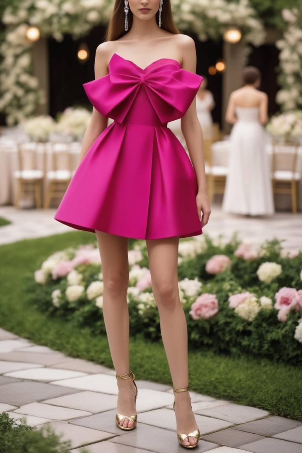 Homecoming​ Party Satin Dress​​ Fuchsia Strapless Bow Mini Dress