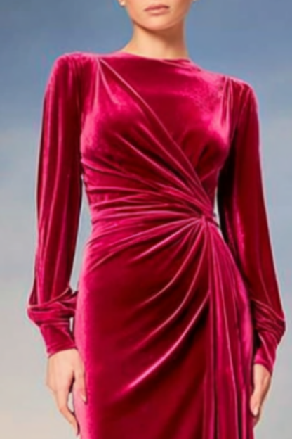 Formal Evening Dress Red Crew Neck Velvet Maxi Dress