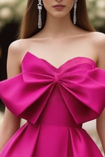 Homecoming​ Party Satin Dress​​ Fuchsia Strapless Bow Mini Dress