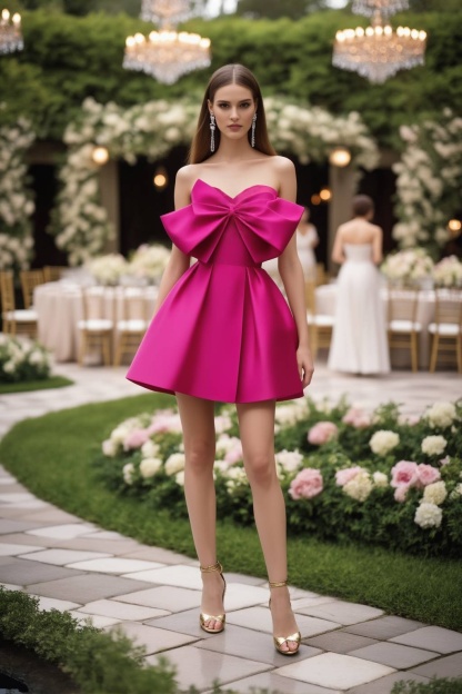 Homecoming​ Party Satin Dress​​ Fuchsia Strapless Bow Mini Dress
