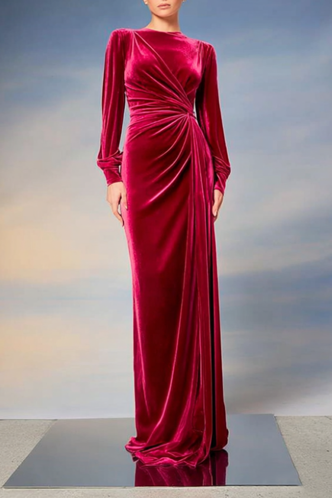 Formal Evening Dress Red Crew Neck Velvet Maxi Dress