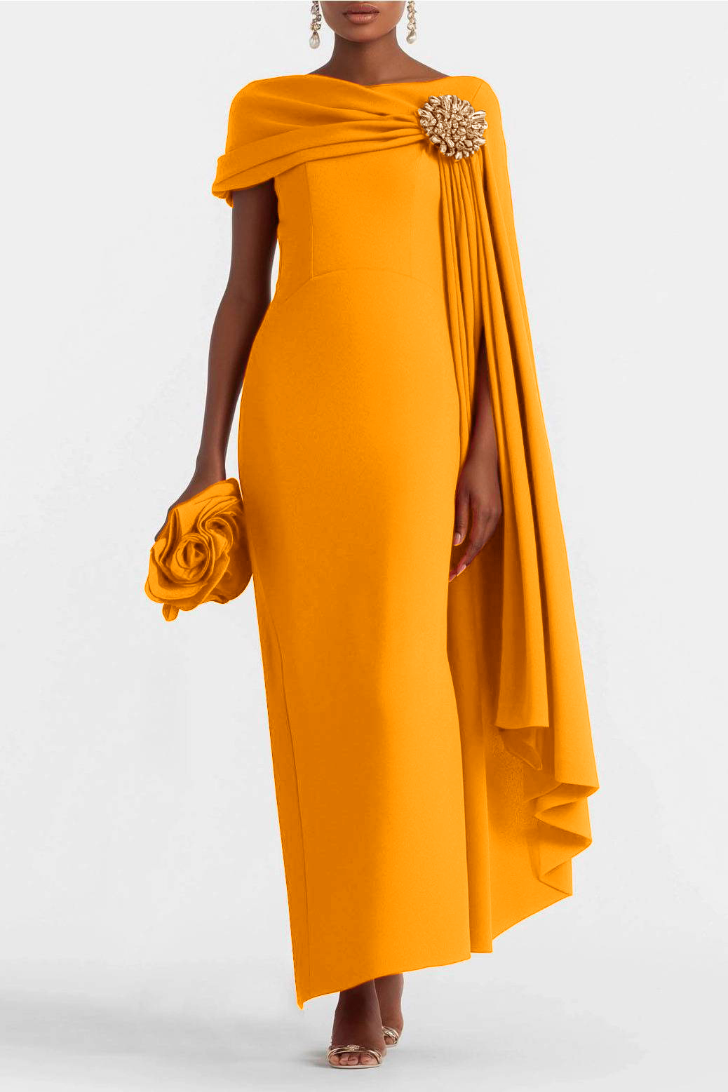 Evening Formal Dress Rhinestone Decoration Cape Asymmetrical Maxi Gown