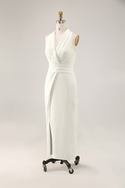 White Daily Work Sleeveless Pencil Wrap Dress Minimalist High Slit Dress
