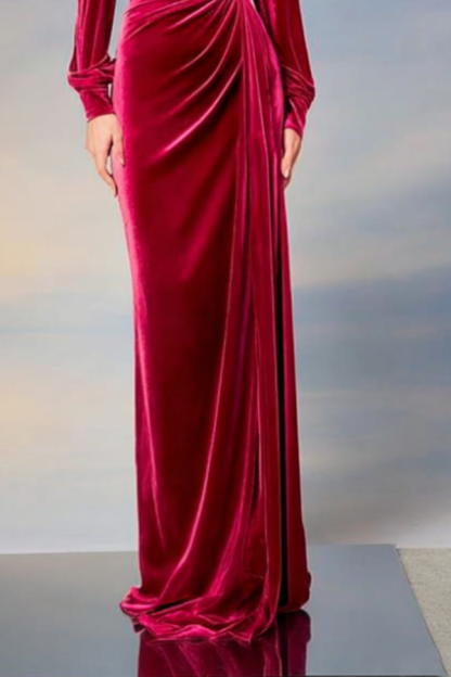 Formal Evening Dress Red Crew Neck Velvet Maxi Dress