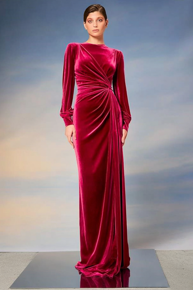 Formal Evening Dress Red Crew Neck Velvet Maxi Dress