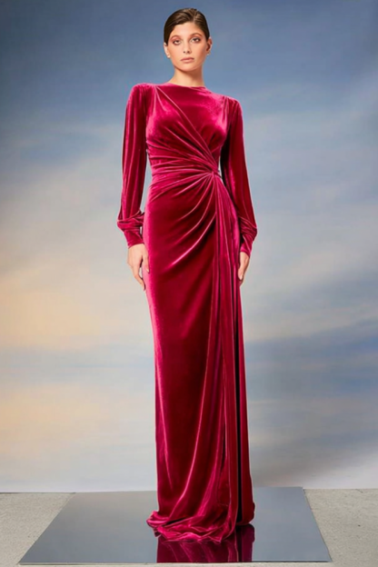 Formal Evening Dress Red Crew Neck Velvet Maxi Dress