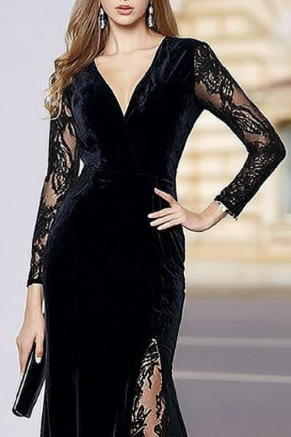 Formal Evening Velvet Dress Black V Neck Lace Maxi Dress
