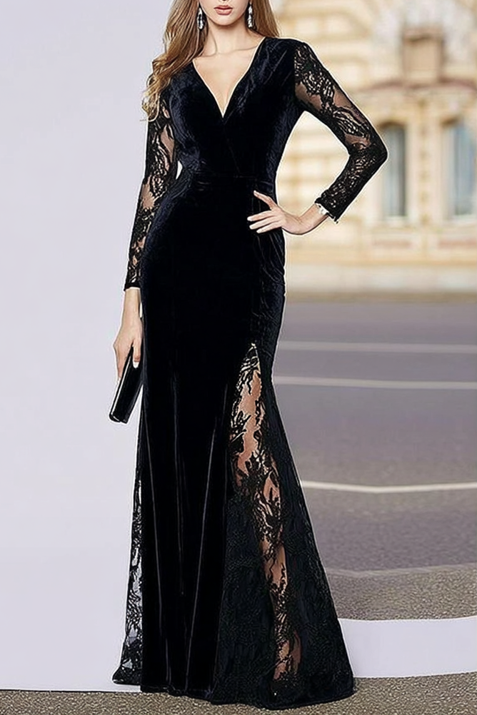 Formal Evening Velvet Dress Black V Neck Lace Maxi Dress