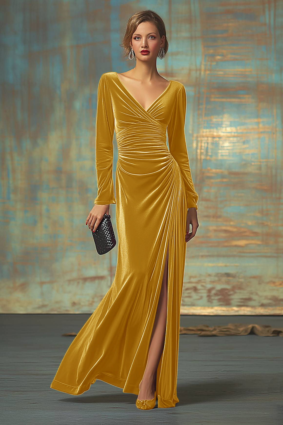 Formal Evening Velvet Dress Fuchsia V Neck Maxi Dress