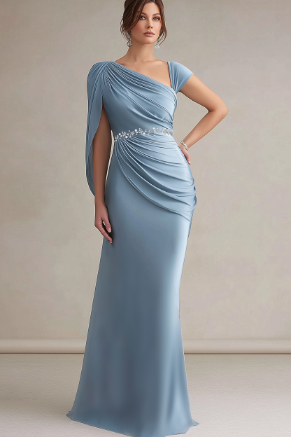 Formal Evening Dress Blue V Neck Belted Maxi Dress