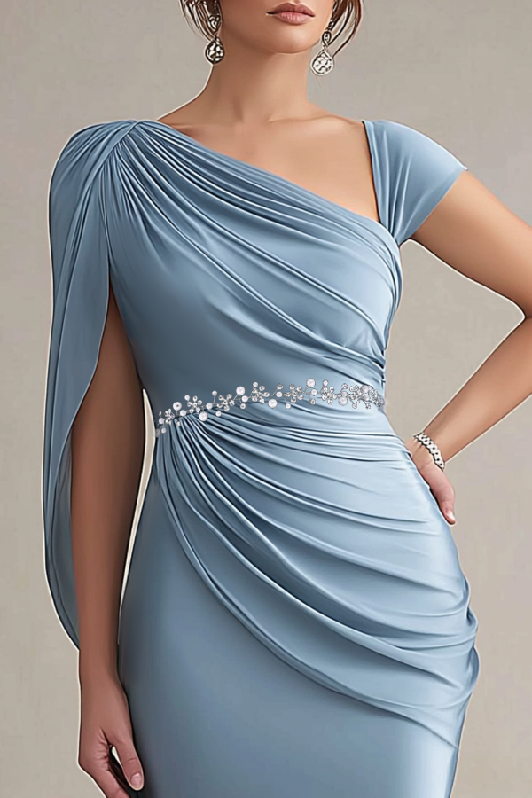 Formal Evening Dress Blue V Neck Belted Maxi Dress