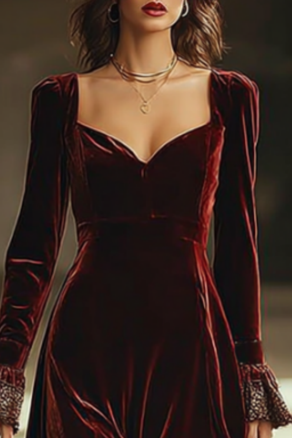 Formal Evening Velvet Dress Burgundy Sweetheart Neck Lace Maxi Dress