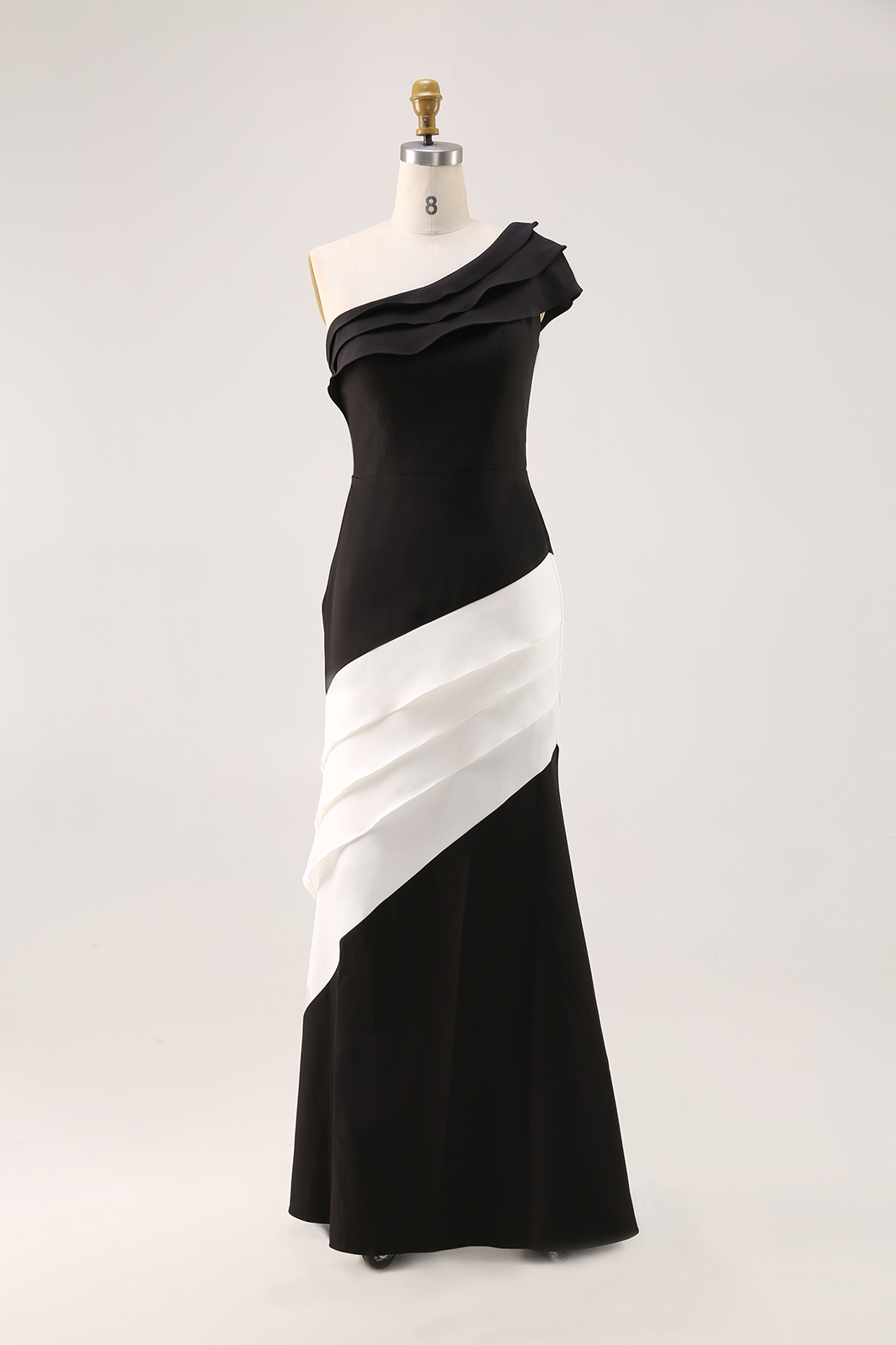 Formal Evening Gown One-Shoulder Black White Maxi Mermaid Dress