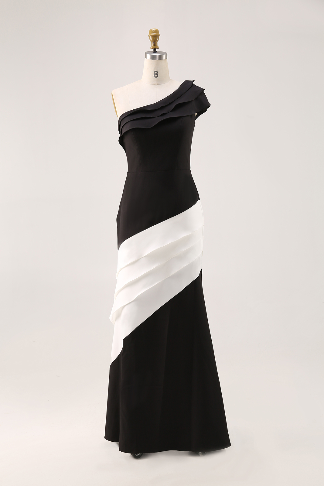 Formal Evening Gown One-Shoulder Black White Maxi Mermaid Dress