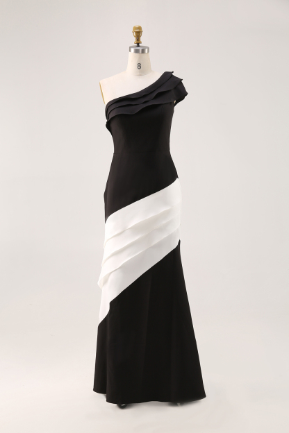 Formal Evening Gown One-Shoulder Black White Maxi Mermaid Dress