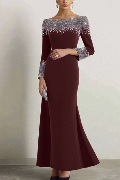 Elegant Dress Navy Boat Neck Rhinestone Maxi Dress Mother of the Bride Dress