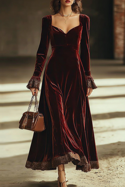 Formal Evening Velvet Dress Burgundy Sweetheart Neck Lace Maxi Dress