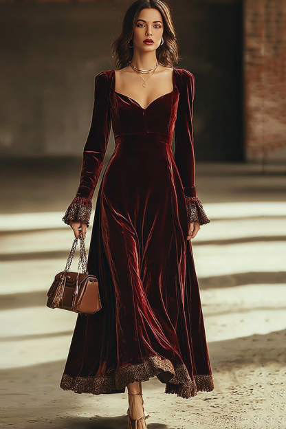 Formal Evening Velvet Dress Burgundy Sweetheart Neck Lace Maxi Dress