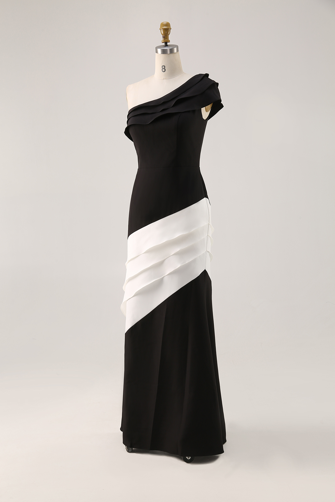 Formal Evening Gown One-Shoulder Black White Maxi Mermaid Dress
