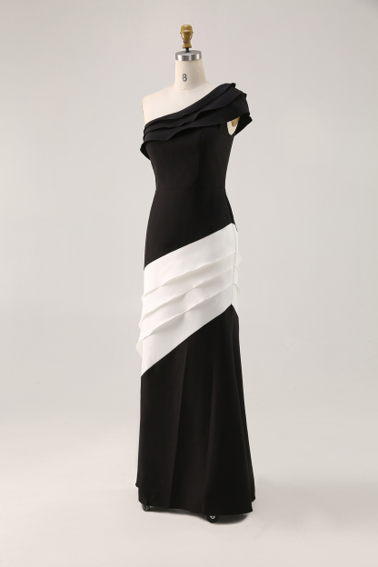 Formal Evening Gown One-Shoulder Black White Maxi Mermaid Dress