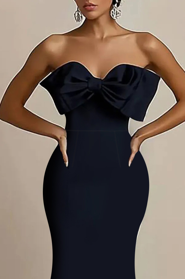 Cocktail Party Dress Black Strapless Bow Detail Fitted Mermaid Midi Dress