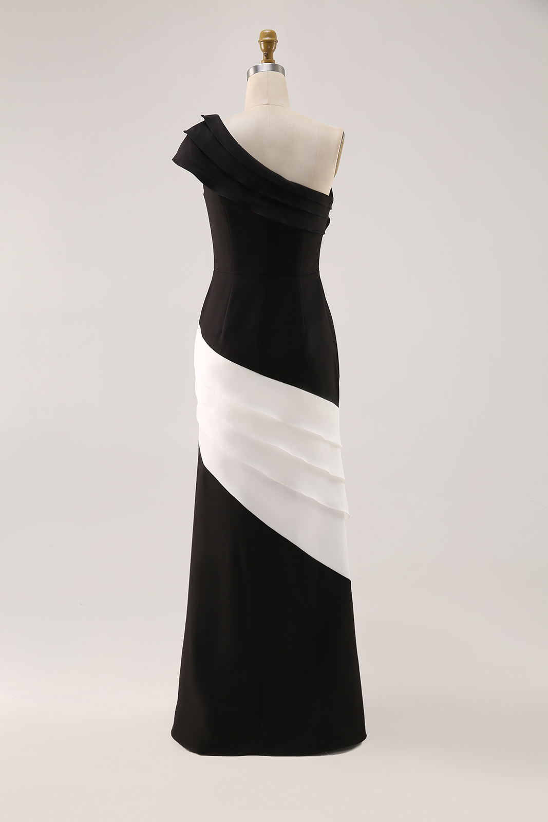 Formal Evening Gown One-Shoulder Black White Maxi Mermaid Dress