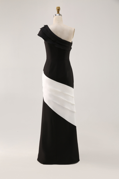 Formal Evening Gown One-Shoulder Black White Maxi Mermaid Dress