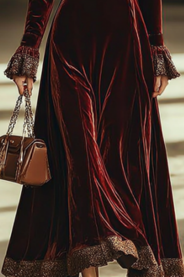Formal Evening Velvet Dress Burgundy Sweetheart Neck Lace Maxi Dress