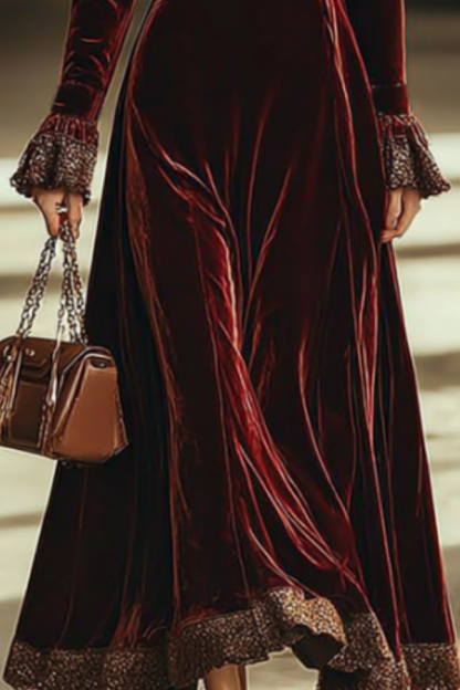 Formal Evening Velvet Dress Burgundy Sweetheart Neck Lace Maxi Dress