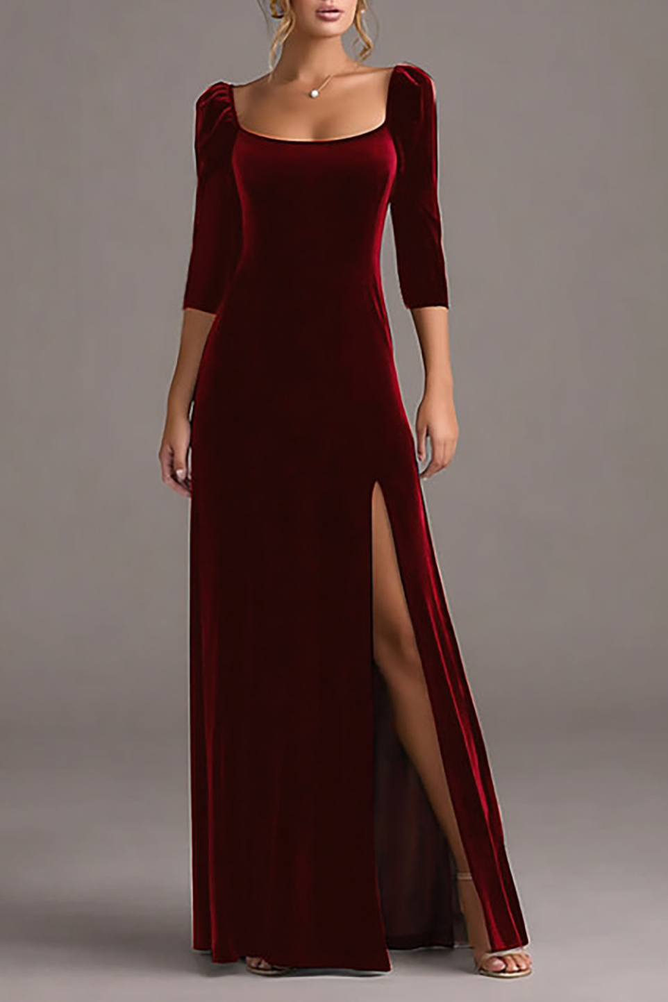 Formal Evening Dress Burgundy Square Neck Velvet Maxi Dress