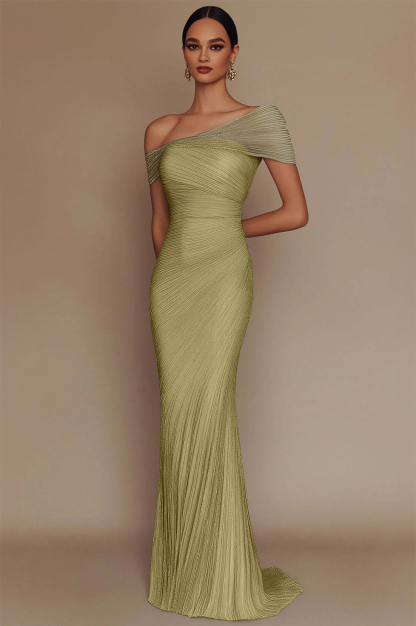 Evening Prom Light Blue Gown One Shoulder Glitter Pleated Maxi Dress