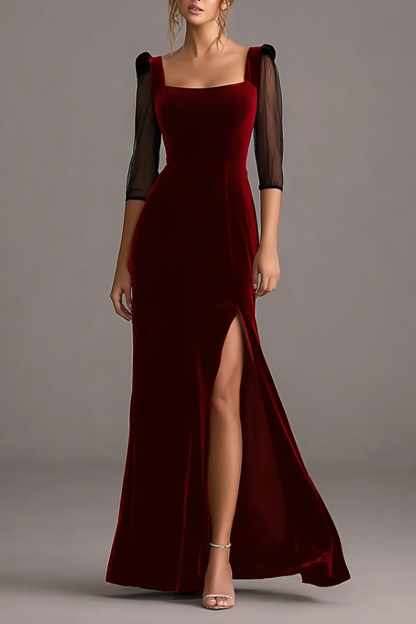 Formal Evening Dress Black Square Neck Velvet Maxi Dress