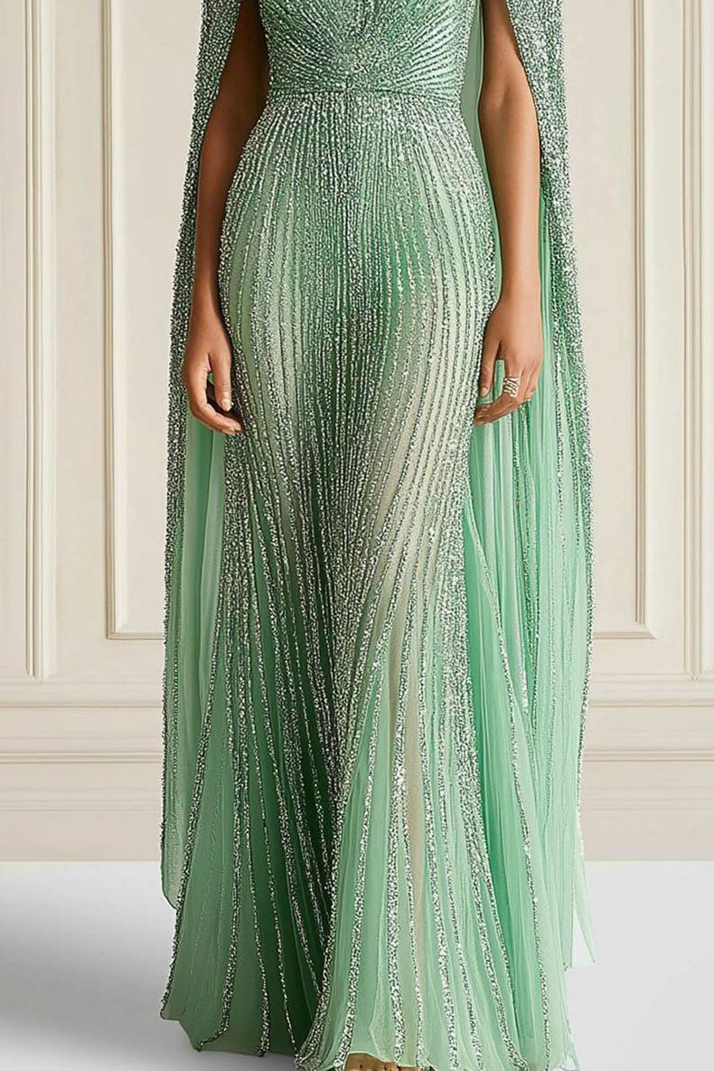 Elegant Formal Dress Boat Neck Cape Rhinestone Fitted Maxi Dress