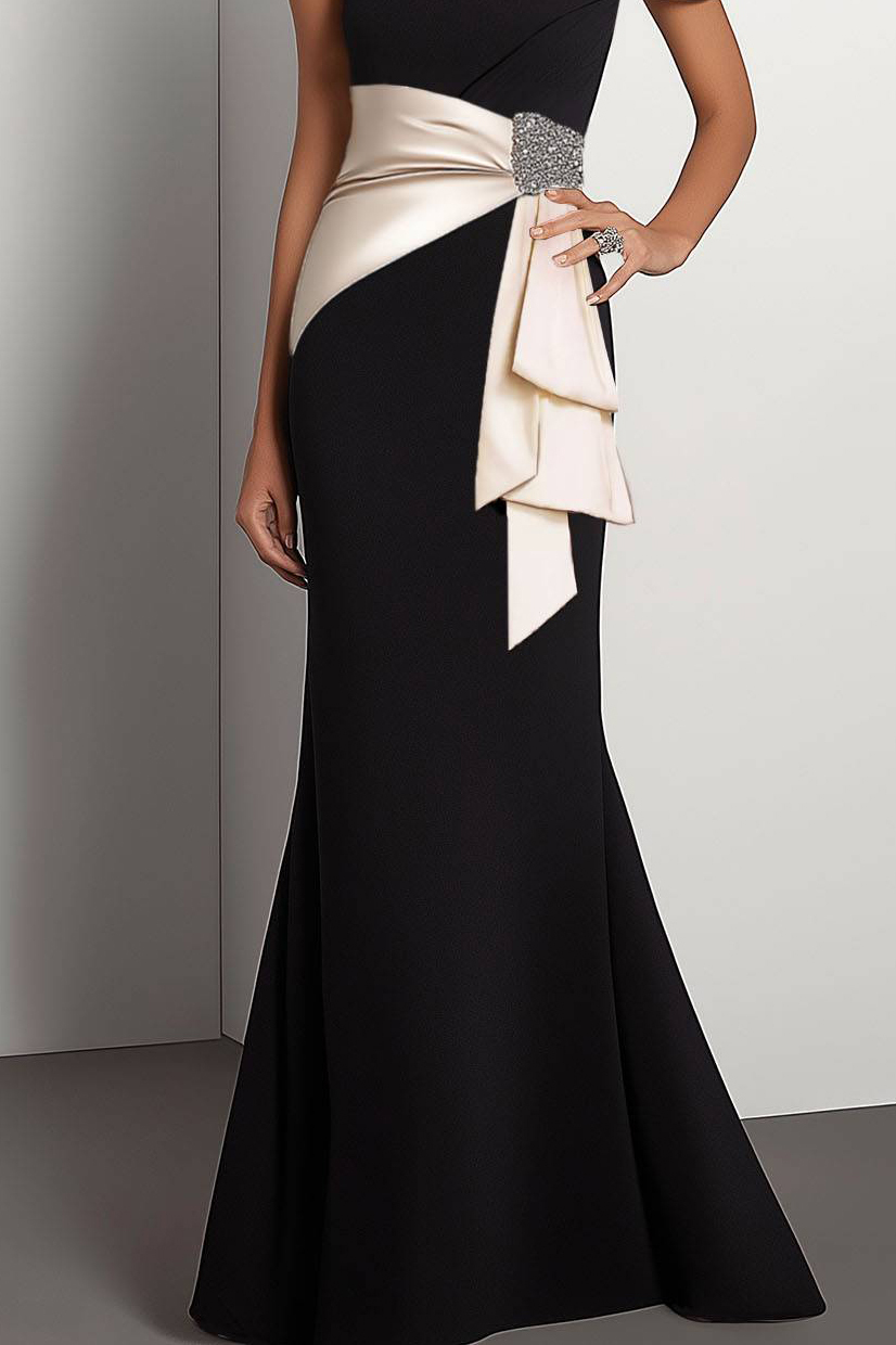 Elegant Formal Dress Color Block One-shoulder Sleeve Rhinestone Draped Mermaid Floor-length Dress