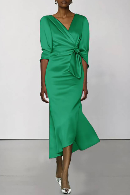 Wedding Guest Party Satin Dress Cross Neck Half Sleeve Midi Dress