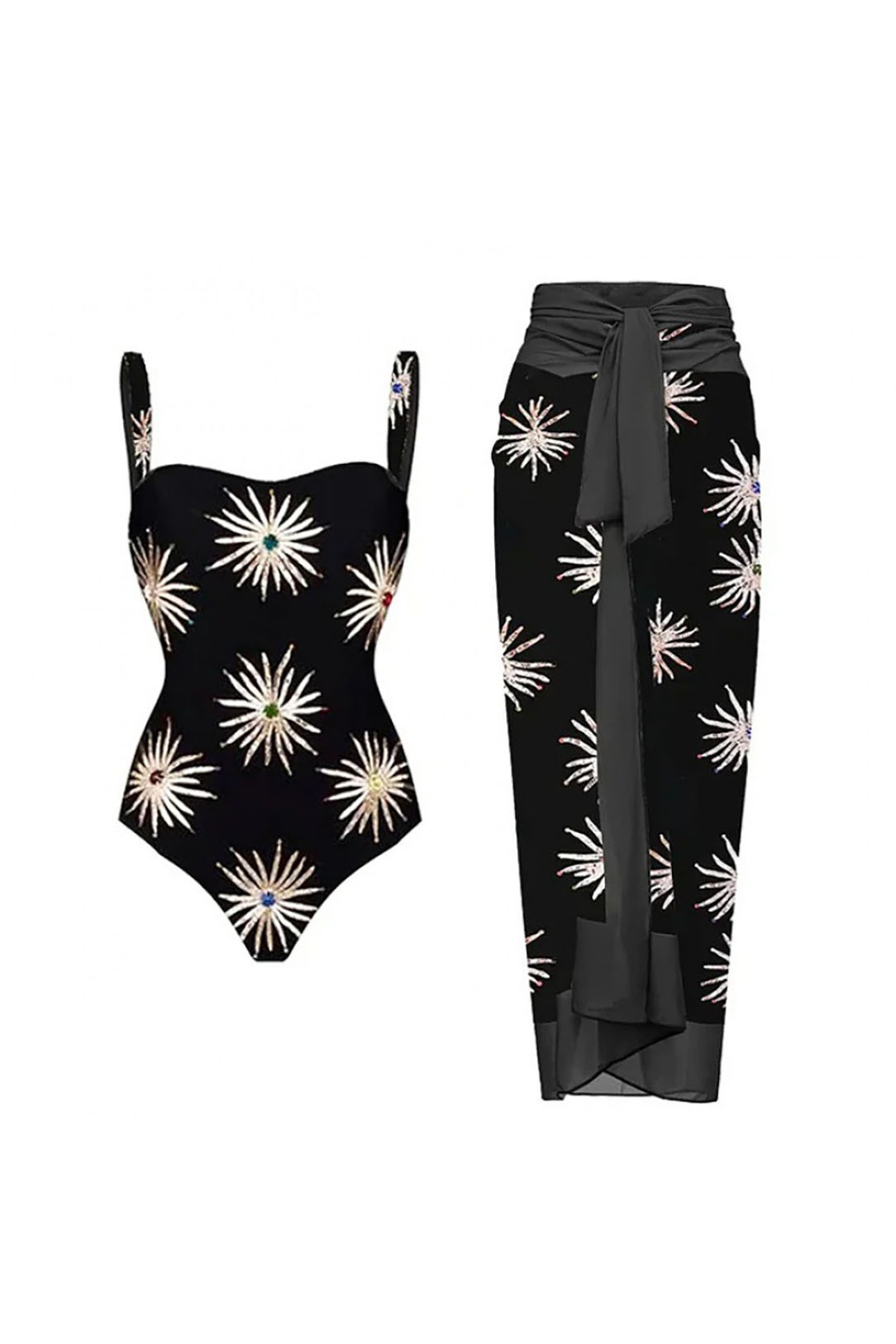 3D Black and White Houndstooth V-Neck One Piece Swimsuit and Wrap Skirt Cover-Up